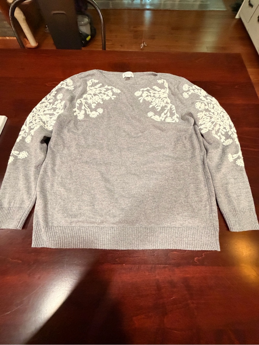 Market & Spruce Gray Crewneck Sweater with Cream Floral Embroidery